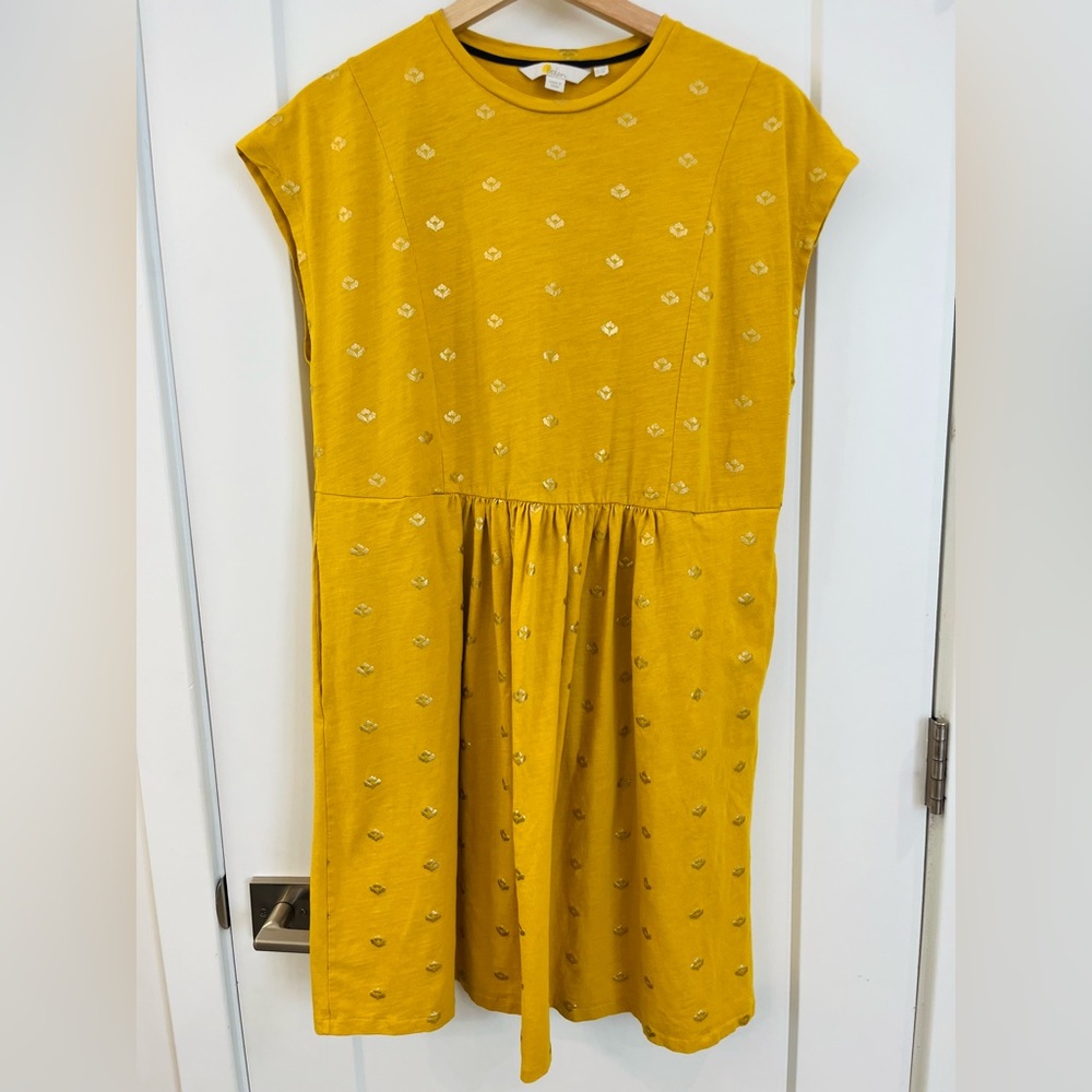 Boden Jersey Dress - Mustard with Gold Foil Floral Pattern - Size 8 - Picture 3 of 6